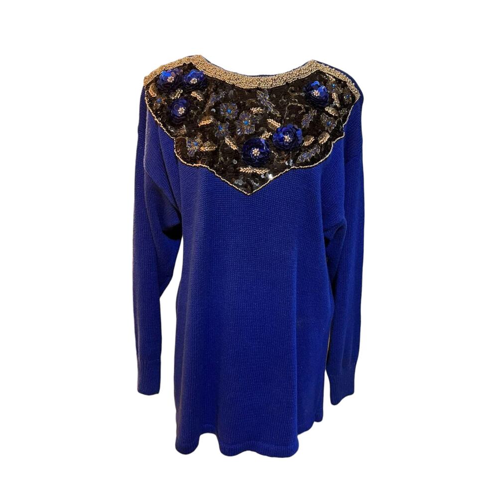 Vtg Victoria Harbour Sweater Womens Sz Small Blue Knit Sequins Heavily Beaded